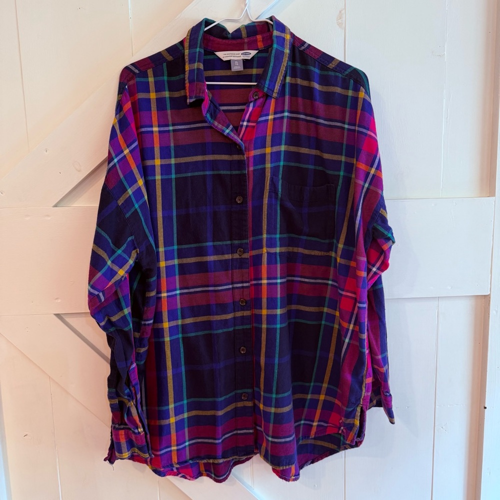 Old Navy Women’s Multicolor Plaid Button Up Boyfriend‎ Shirt XL Classic Preppy
